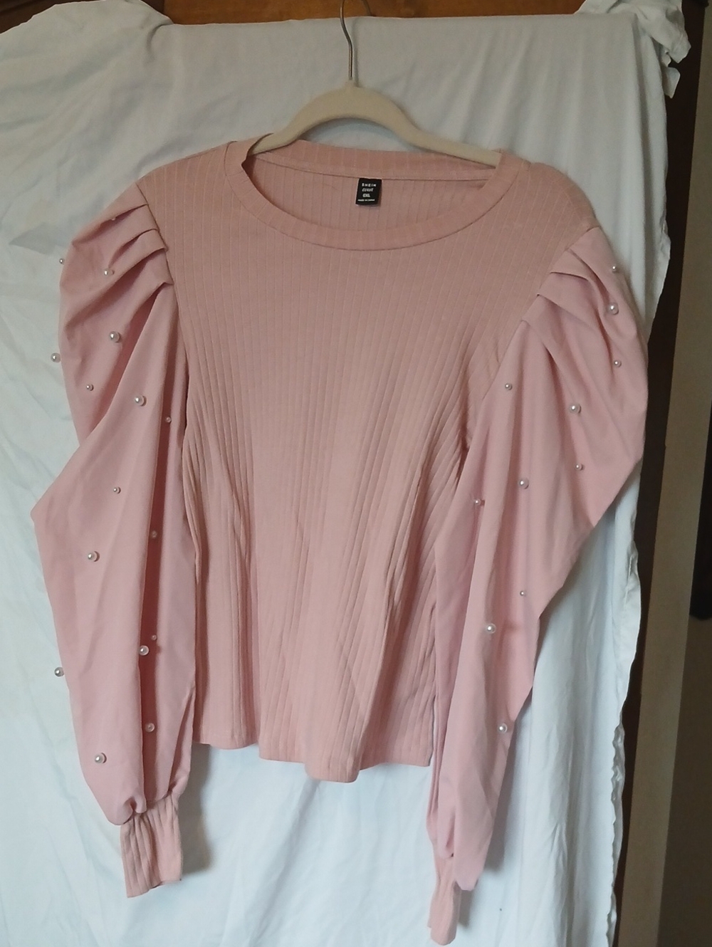SHEIN Pink Pearl-Studded Puff Sleeve Long Sleeve Top